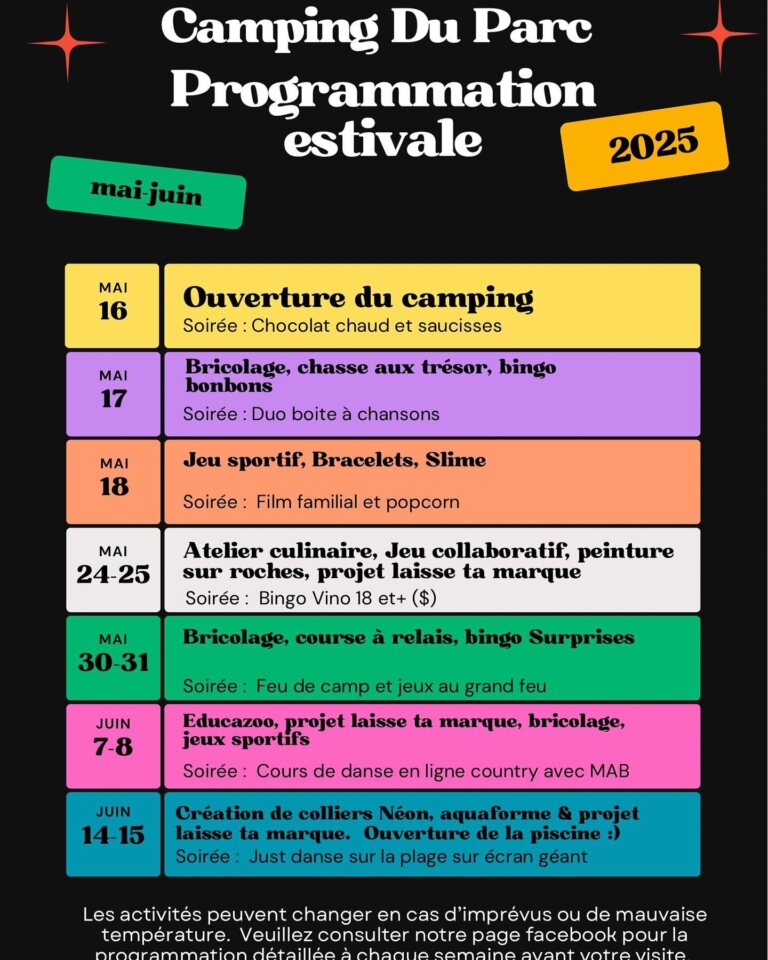 Nous sommes fiers de vous présenter notre belle programmation 2025.  Comme toujours que vous soyez en couple, en famille ou entre amis, nous avons des activités qui plairont à tous.  Pour du plaisir et aussi du repos car le camping c’est fait pour ça aussi, c’est ici que ça se passe. 
Pour réserver c’est par ici 🙂
www.campingduparc.ca 

Nous avons hâte de vous accuellir et nous vous réservons de belles surprises !!#camping_du_parc